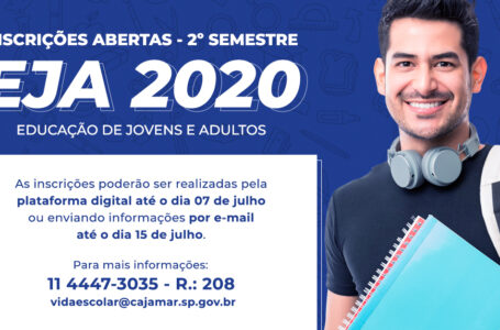 Inscrições para Educação de Jovens e Adultos (EJA) 2º semestre 2020 em Cajamar