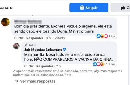 ‘Não compraremos a vacina da China’, diz Bolsonaro em rede social