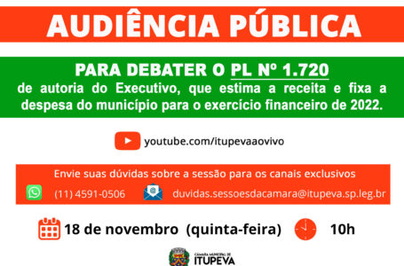 Projeto que estima receita e fixa despesas para o município será debatido em audiência pública, no dia 18